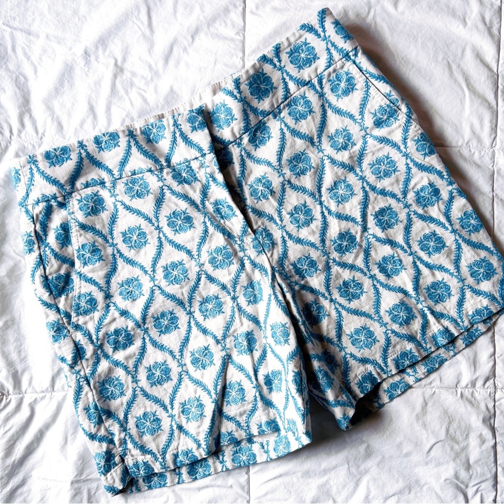 Ann Taylor Loft Riviera Embroidered Linen Shorts 4 Summer Vacation Blue Coastal